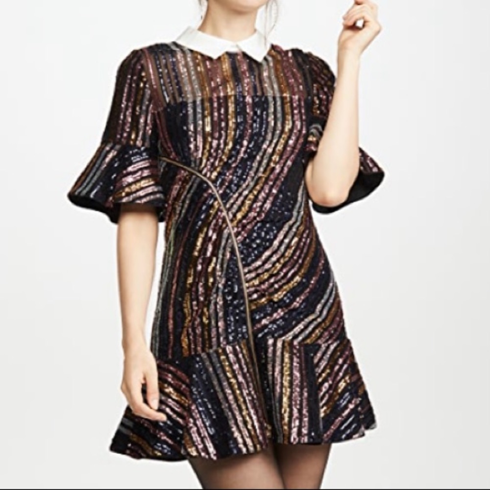 Self Portrait- Sequin Stripe Collared Mini Dress - image 1